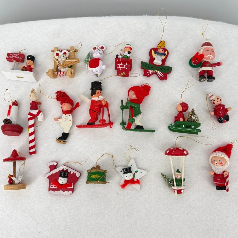 Vintage 80s Wooden Christmas Ornaments Lot 18pc Hand Painted Taiwan Santa Gnomes